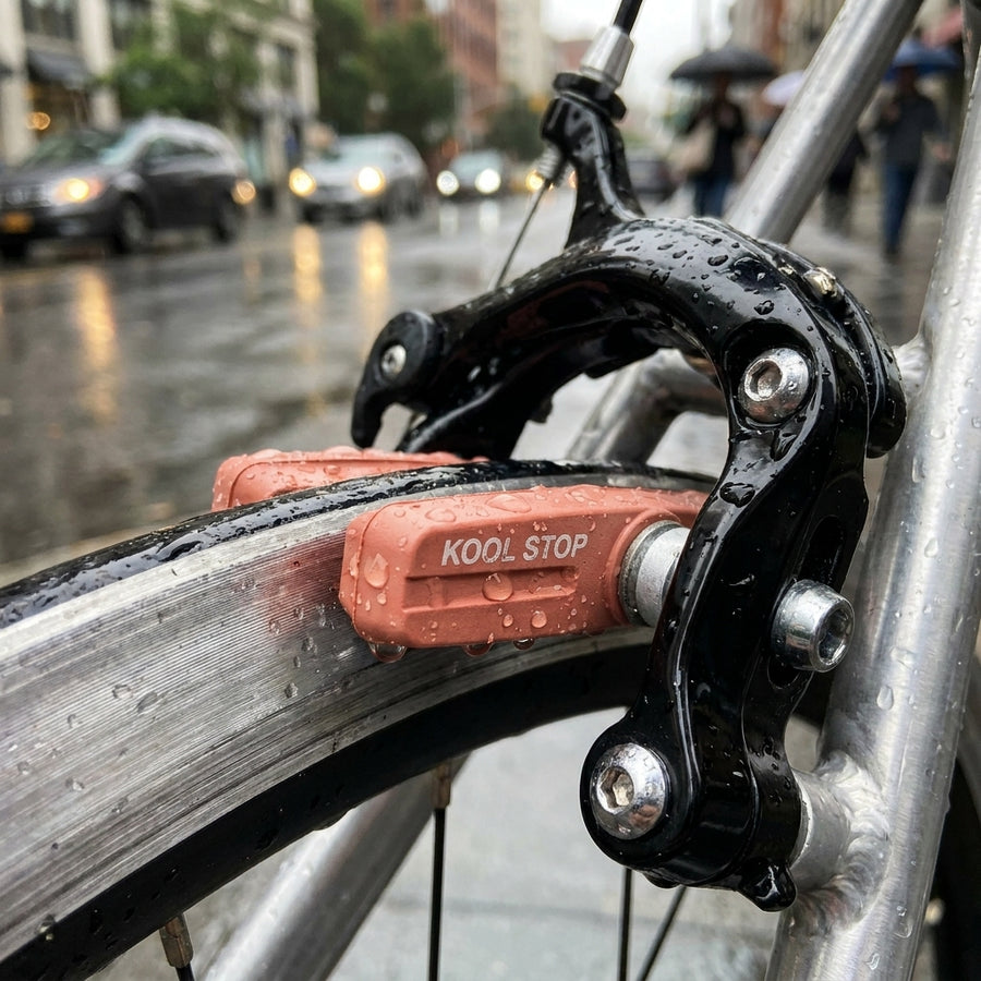 Kool-Stop V-Brake City Bremsschuhe lachsfarben am nassen Fahrrad bei Regen auf der Straße.