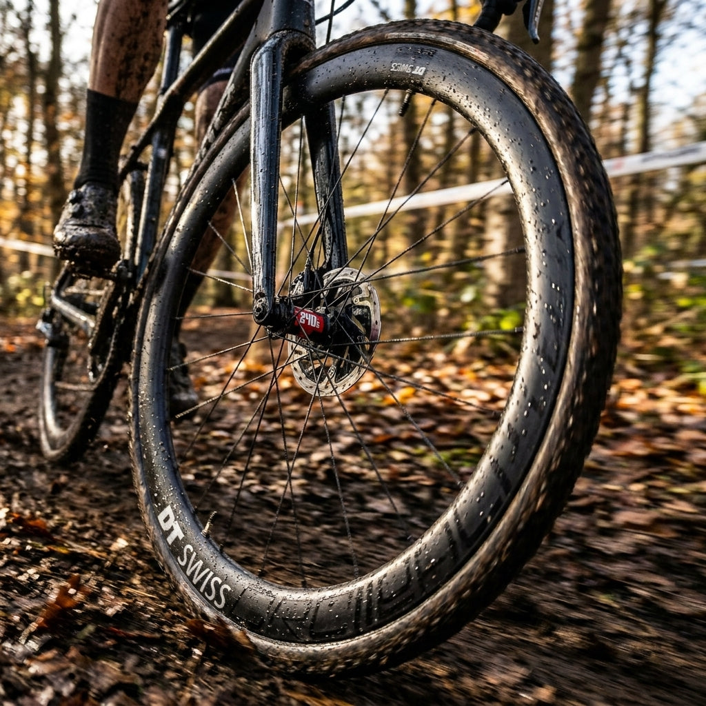 DT Swiss CRC 1100 Spline Tubular Highend-CX-Laufrad schwarz mit Scheibenbremse auf matschigem Waldweg.