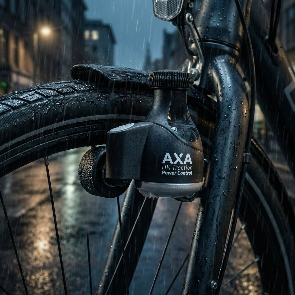 Axa HR Traction Fahrraddynamo schwarz, Modell 93903195SC, am Vorderrad im Regen befestigt.