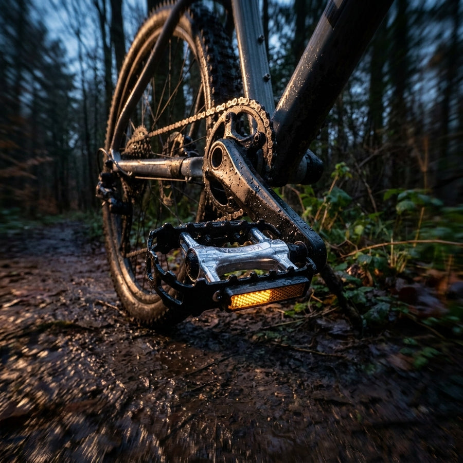 Nahaufnahme der Voxom MTB Pedale schwarz mit Reflektor an Mountainbike auf schlammigem Trail im Wald.