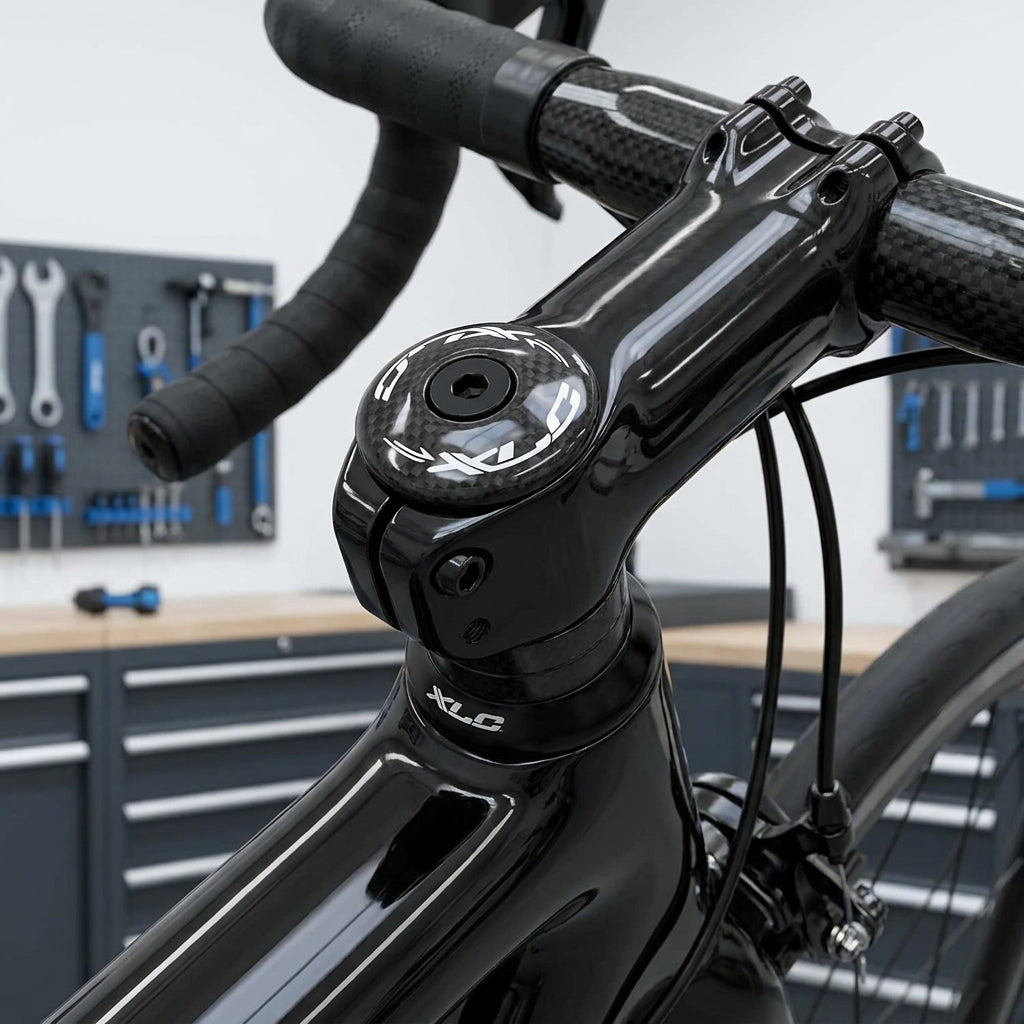 XLC A-Head-Plug AP-C01 für Carbongabel an schwarzem Rennrad-Cockpit mit Lenker und Rahmen.