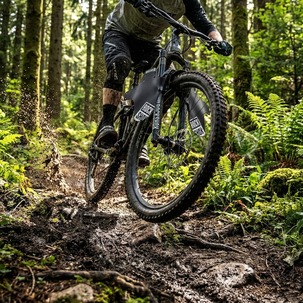 Mountainbiker mit Rockshox Steckradschutz Fender schwarz weiß am Vorderrad fährt durch Matsch auf Waldweg.