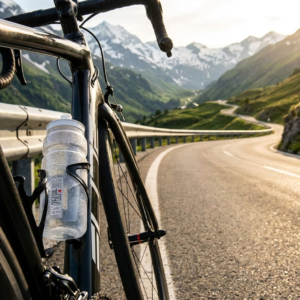 Elite Fly 750 ml klare Trinkflasche am Rennrad auf einer kurvigen Bergstraße in den Alpen.