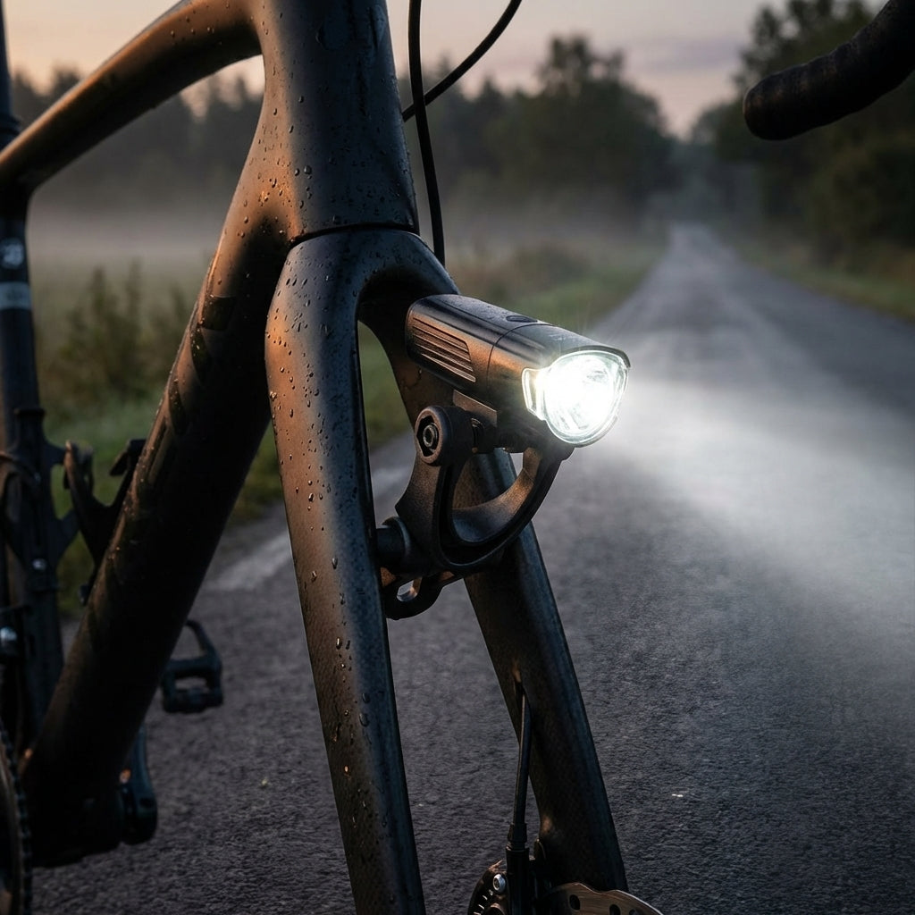 Herrmans Multi Lampenhalter schwarz an Fahrrad-Vordergabel mit hellem Scheinwerfer, beleuchtet neblige Straße.