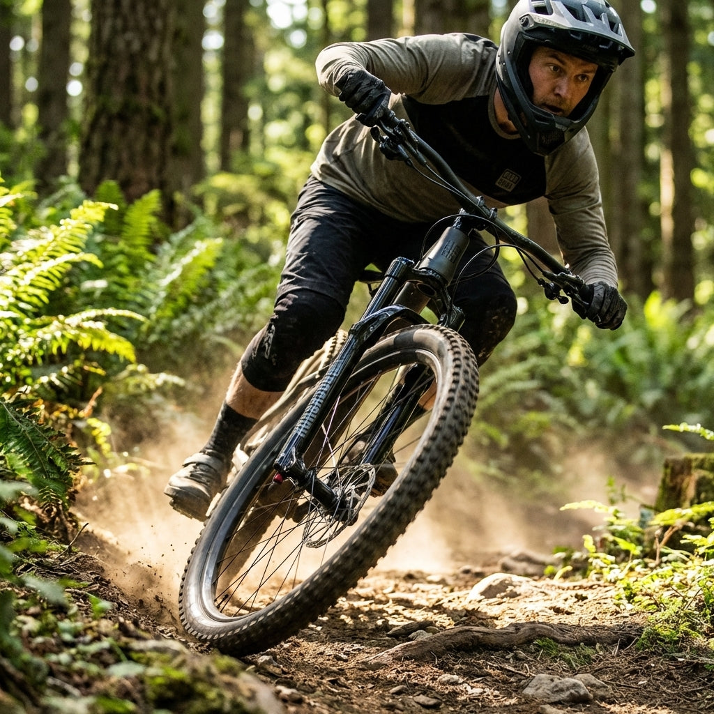 RockShox Judy Gold RL Federgabel an Mountainbike in dynamischer Kurve auf Waldtrail, Staub wirbelt auf.
