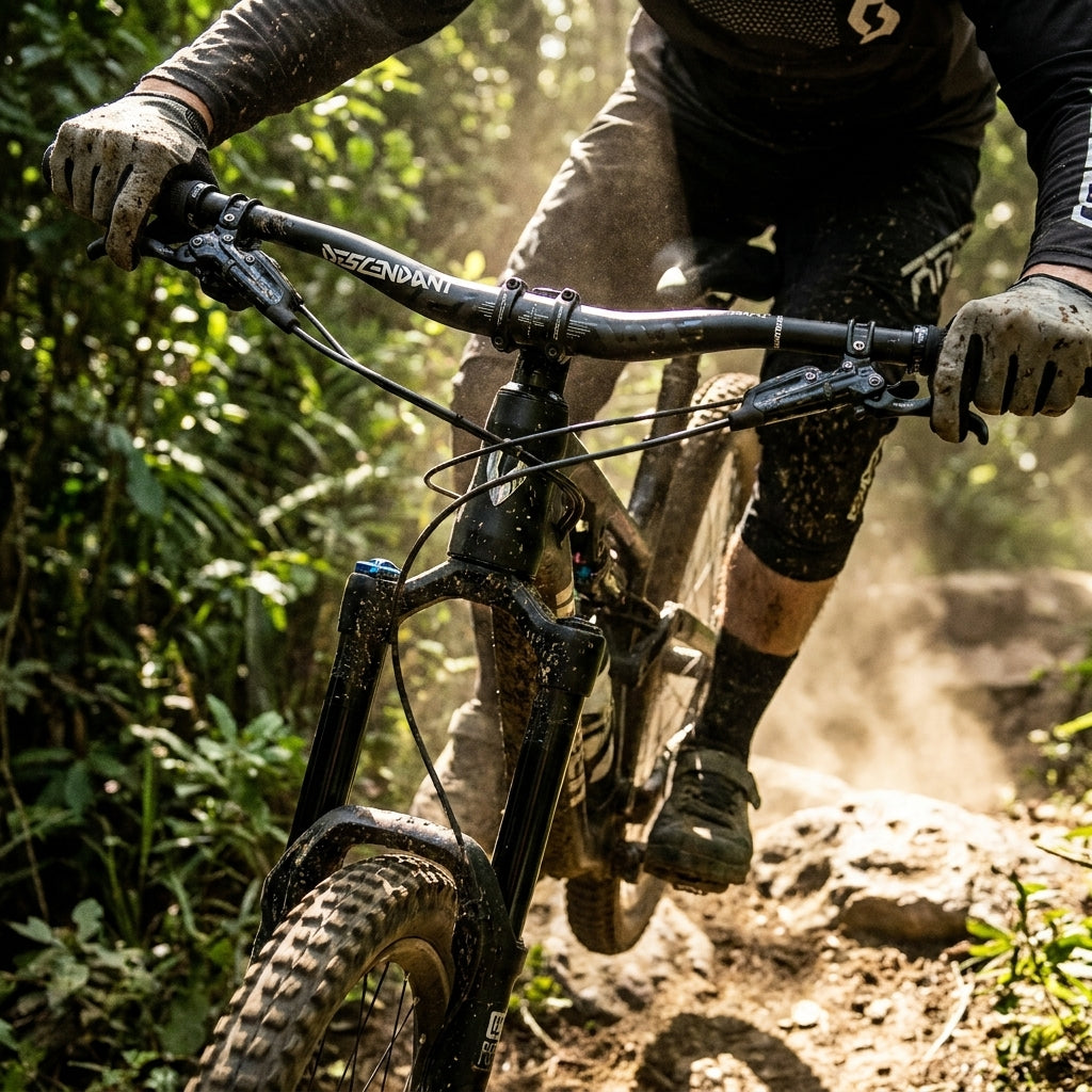 Truvativ Descendant Lenkerbügel schwarz am Mountainbike im Einsatz auf staubigem Trail.