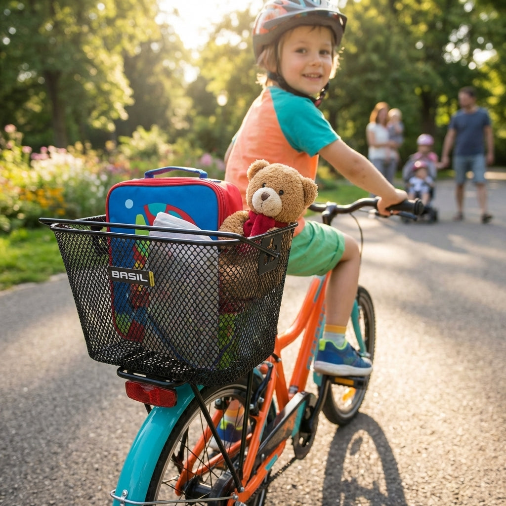 Schwarzer Basil Tigre Drahtkorb am Gepäckträger Kinderfahrrad, gefüllt mit Teddy und Lunchbox.