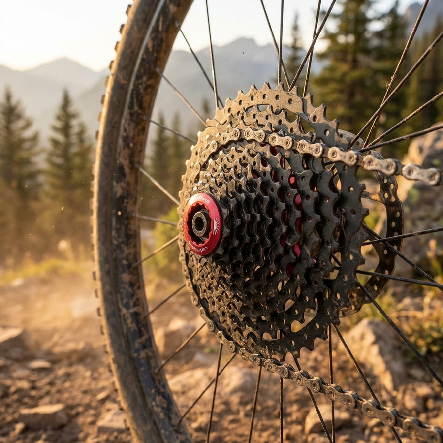 Schwarze SunRace CSMX3 TAZ 10-fach 11-46 Zähne Kassette am Mountainbike-Hinterrad im Gelände.