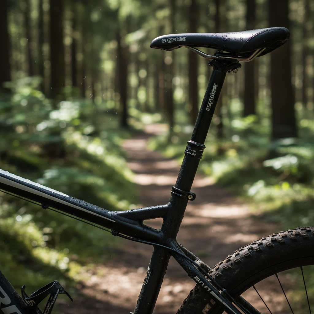 Ergotec Patentsattelstütze Hook schwarz am Fahrrad im Wald, nass von Regentropfen.
