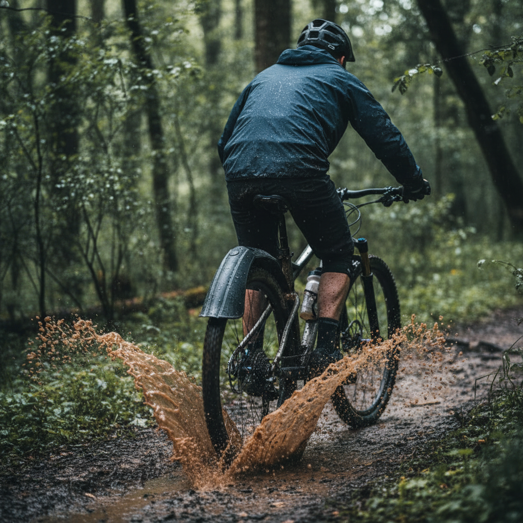 SKS Spoiler XXL Schutzblech am Mountainbike schützt Fahrer vor Schlamm und Nässe beim Durchqueren einer Pfütze.