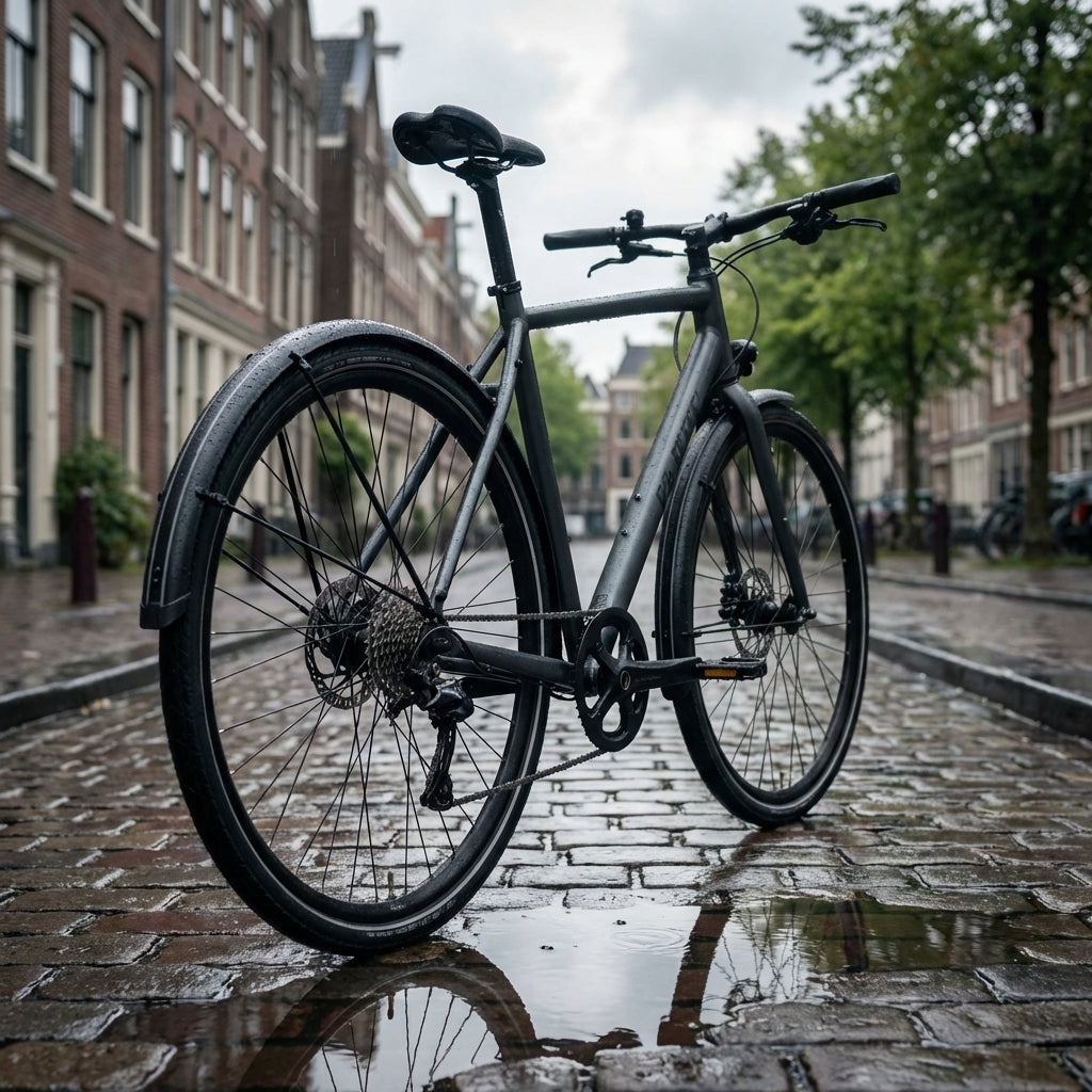 SKS Bluemels Stripes Schutzblech-Set 28" 69mm schwarz matt am Fahrrad auf nasser Kopfsteinpflasterstraße.