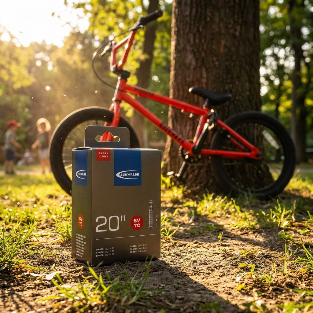 Schwalbe SV7C extra leichter 20 Zoll Fahrradschlauch-Karton vor rotem BMX-Rad und Baum im Sonnenlicht.