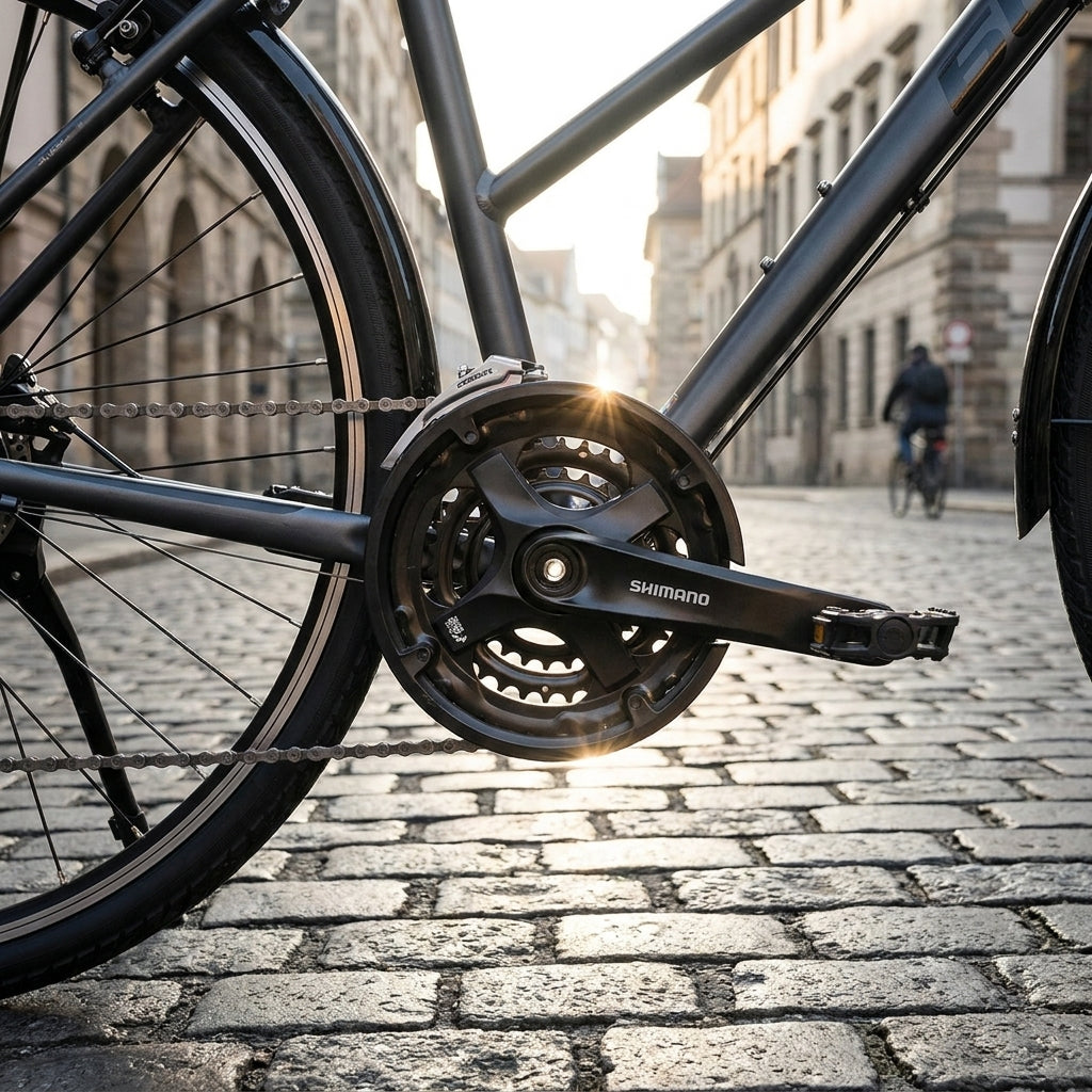 Shimano Tourney FC-TY501 Kurbelgarnitur 46/30Z 7/8-fach 170mm schwarz am City-/Trekkingrad auf Kopfsteinpflaster.