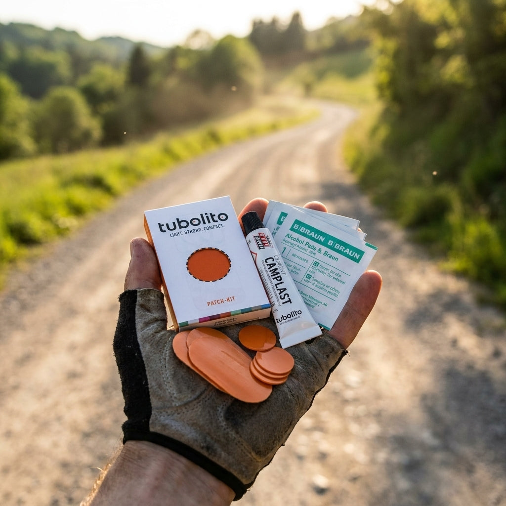 Kompaktes tubolito Tubo-Patch-Kit Reparaturset für TPU-Fahrradschläuche in Hand auf ländlichem Weg.