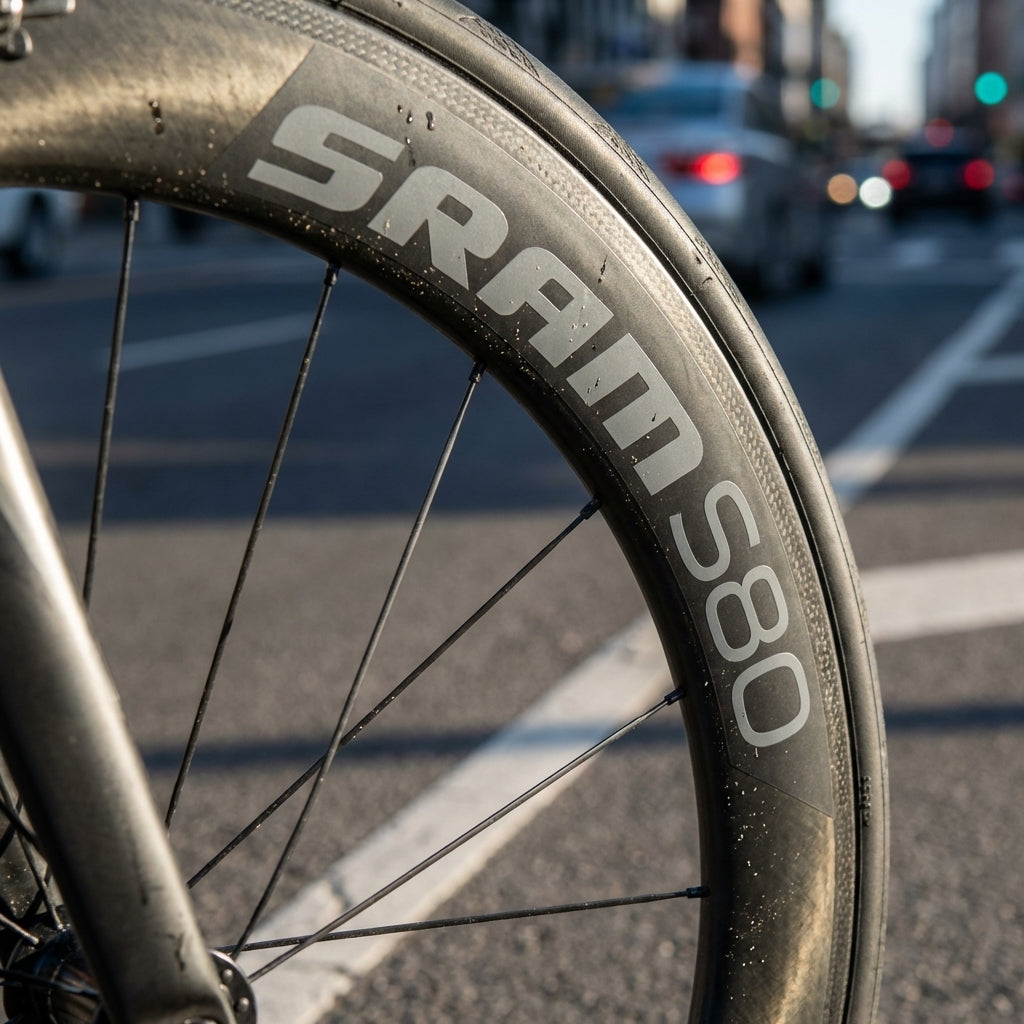 Fahrrad-Aero-Laufrad mit SRAM S80 Aufkleberset in Grau, Detailbild auf der Straße für stilvolles Upgrade.