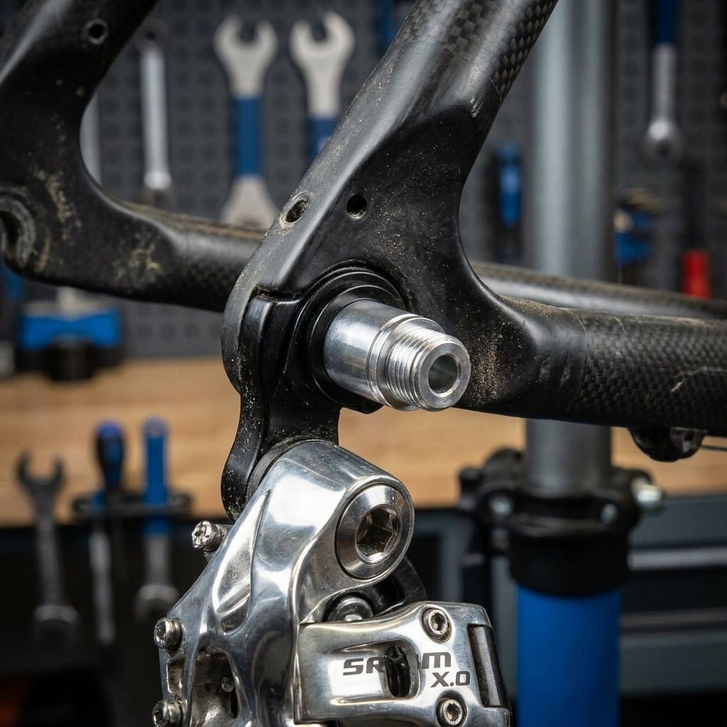 SRAM X.0 Schaltwerkbefestigungsschraube am Carbon-Fahrradrahmen. Präziser Schaltwerks-Befestigungsbolzen.