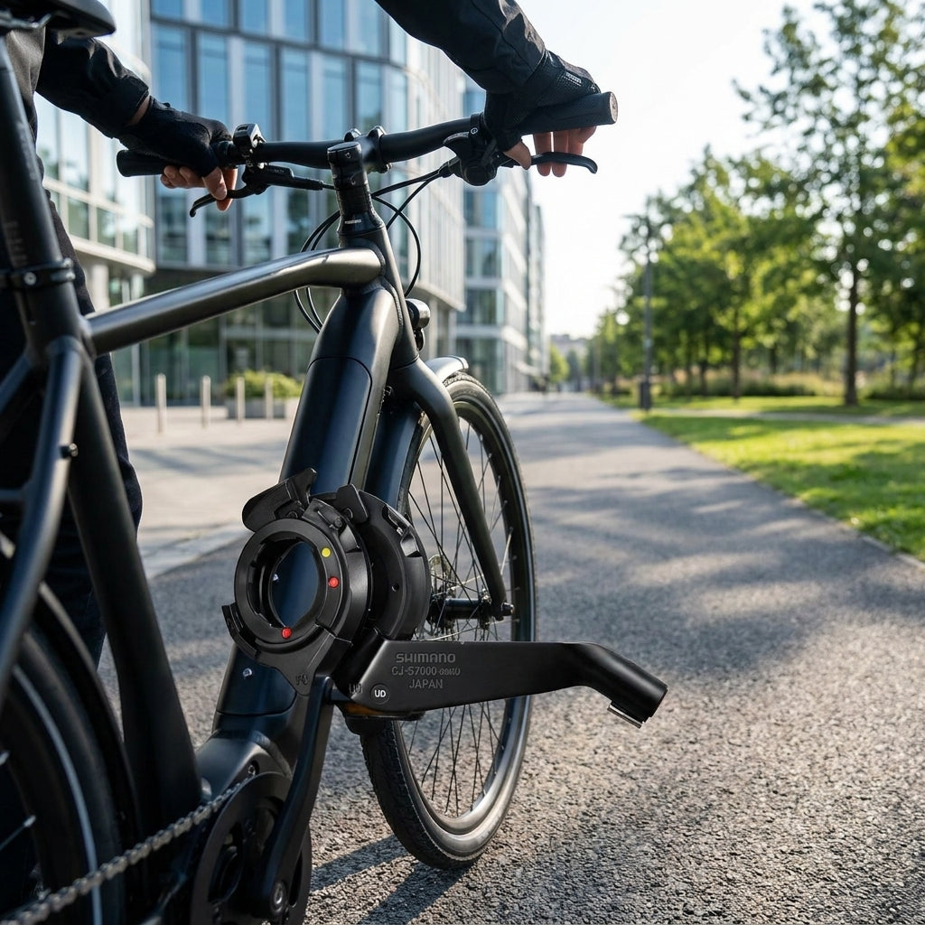 SHIMANO Schalteinheit CJ-S7000 Nabenschaltung 8-Gang am schwarzen E-Bike im städtischen Umfeld.