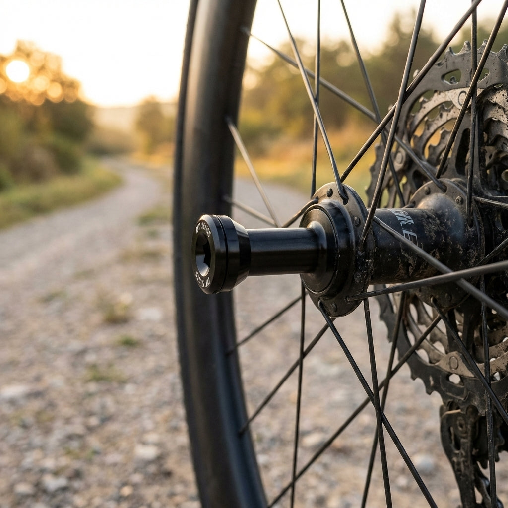 DT Swiss RWS Plug-In Hinterrad-Steckachse Road 12x142mm aus schwarzem Aluminium am Fahrrad auf Schotterweg.