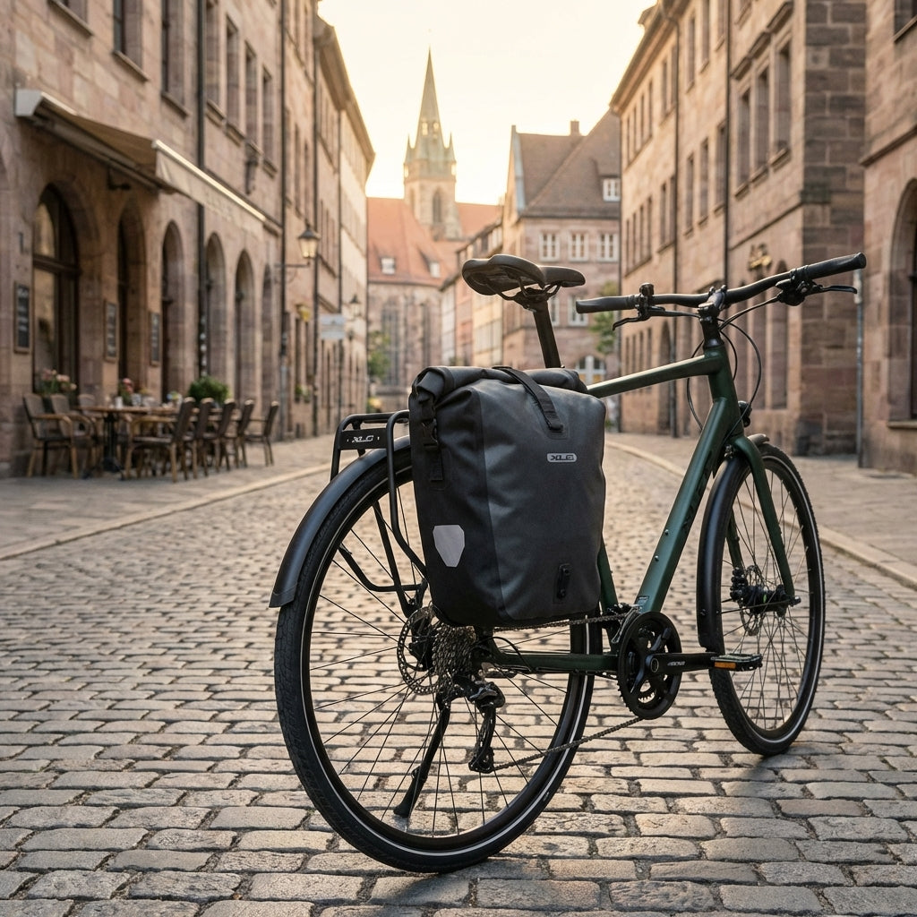 XLC Gepäckträger RP-R03 schwarz/matt Alu 28" an Fahrrad mit Ortlieb-Gepäcktasche in Altstadt.