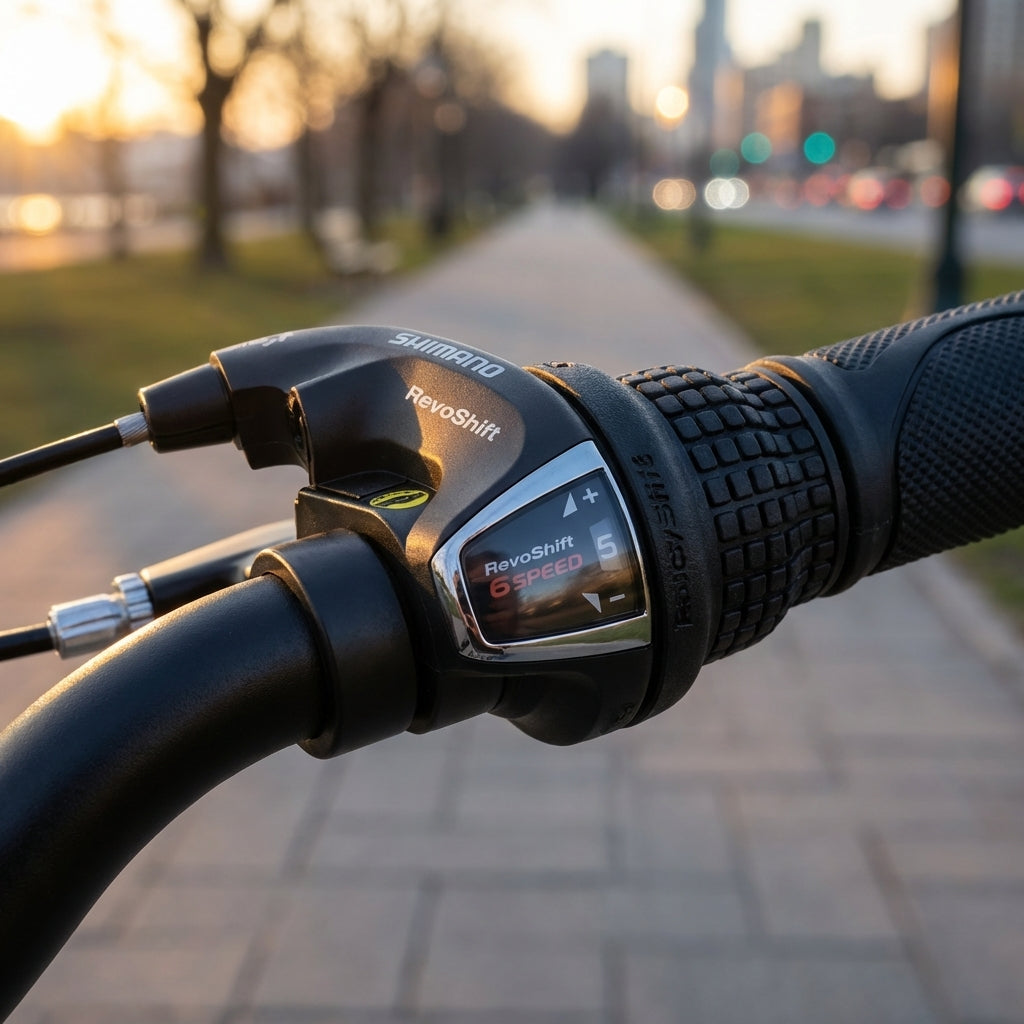 Shimano Tourney 6-fach Drehgriffschalter RevoShift am Fahrradlenker montiert für einfache Gangwechsel.