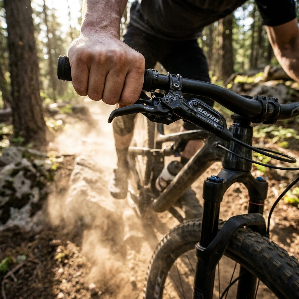 SRAM Guide Ultimate Bremshebel schwarz am Mountainbike auf staubigem Trail.