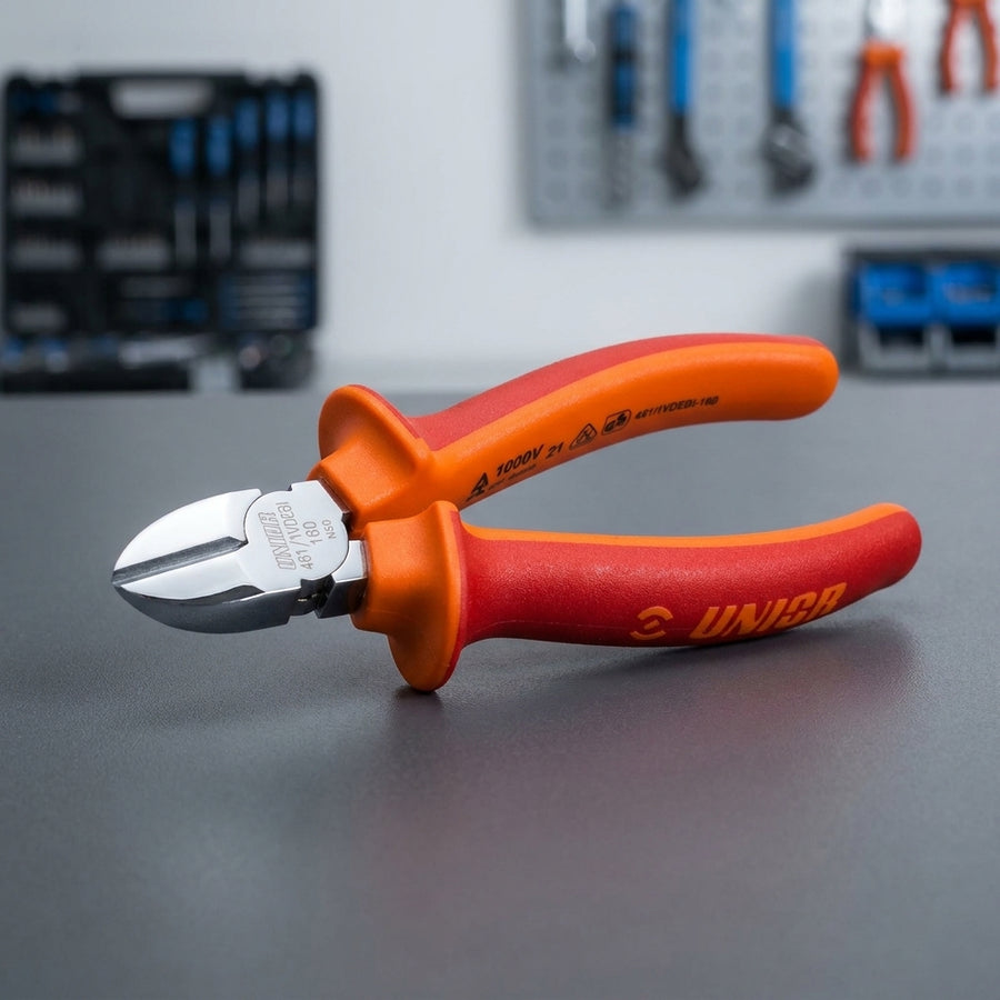 Unior Diagonal-Seitenschneider 461-1VDEBI 18mm rot, VDE isoliert für 1000V, auf Werkbank.