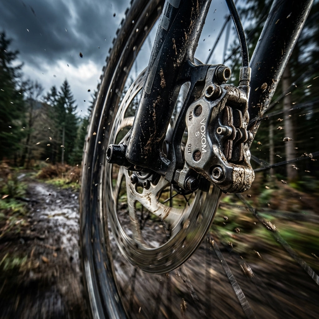 Voxom Scheibenbremsbeläge BSC10S an Mountainbike-Scheibenbremse in Aktion auf matschigem Waldweg.