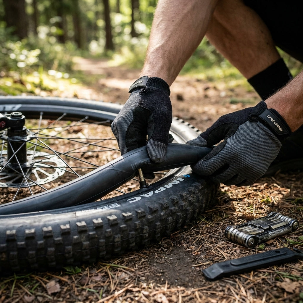 Fahrradfahrer wechselt Impac Schlauch 29 Zoll mit Autoventil bei Reifenpanne im Wald.