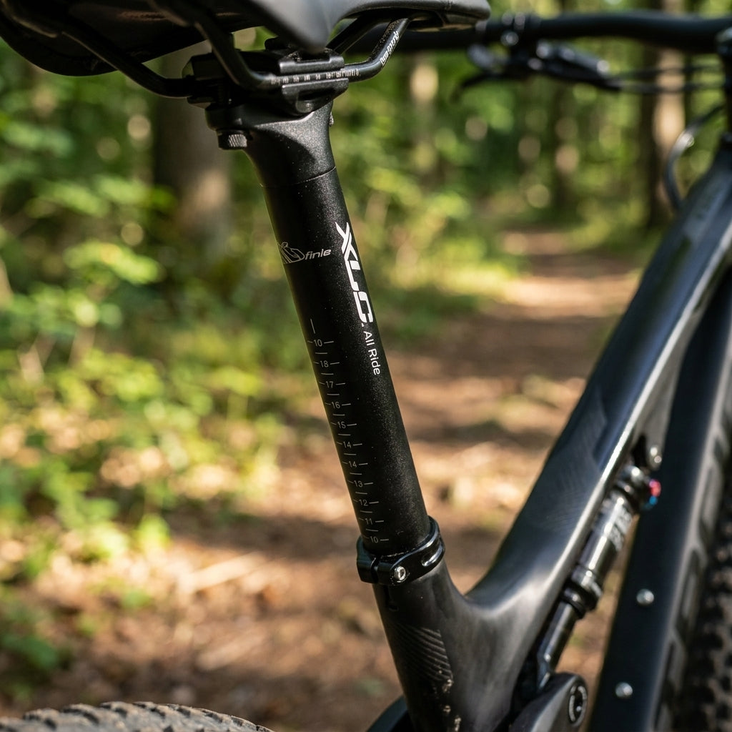 XLC All Ride SP-O02 Sattelstütze schwarz am Mountainbike im Wald. Durchmesser 27,2mm, Länge 300mm.