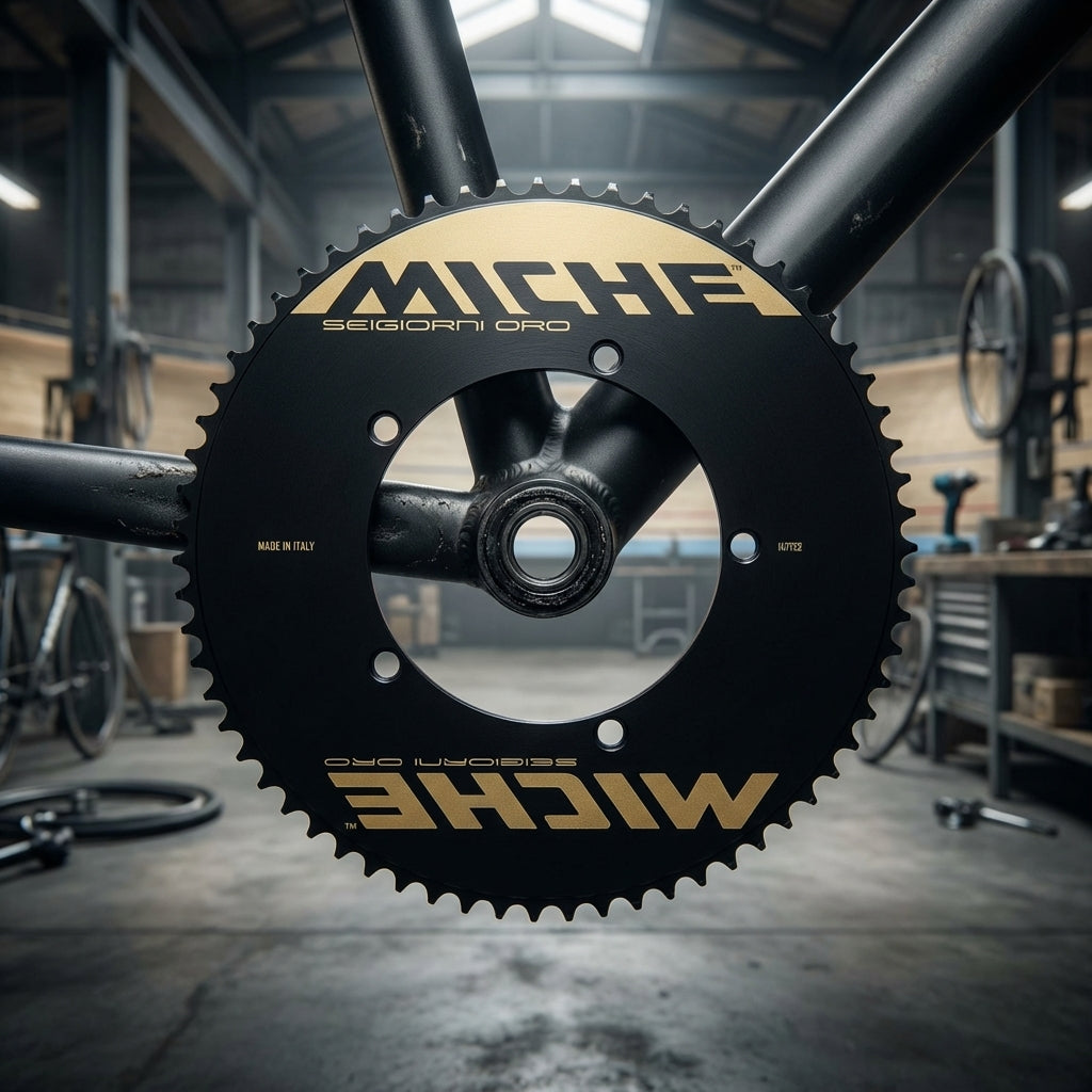 Schwarzes Miche Seigiorni Oro Kettenblatt 64Z, 1/8", BCD 144mm, Goldschrift, am Fahrradrahmen in Werkstatt.