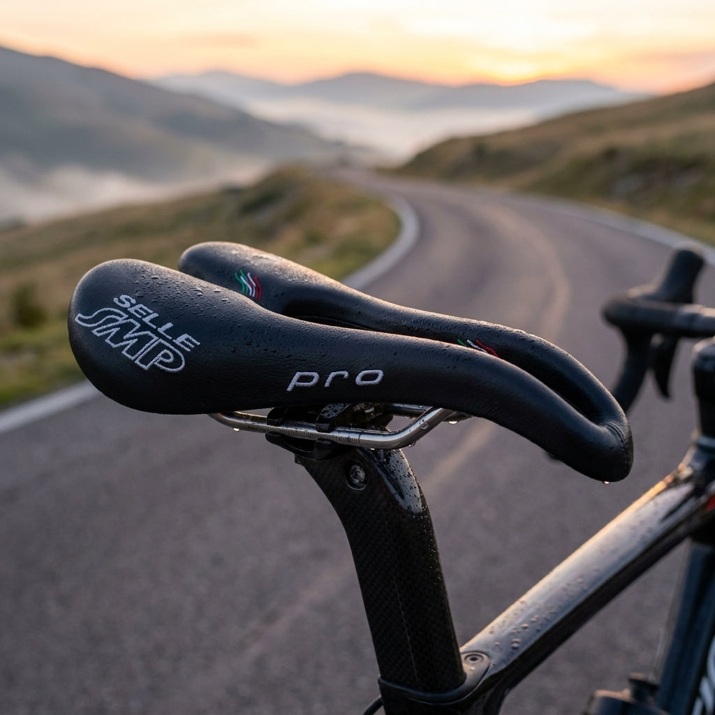 Selle SMP Sattel Pro schwarz Herren 278x148mm auf Rennrad mit Wassertropfen, Bergstraße Sonnenaufgang.