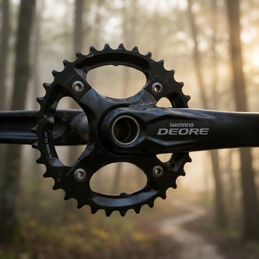 Shimano Deore FC-M590 Kettenblatt mit 36 Zähnen an einer Kurbel vor einem nebligen Waldhintergrund.