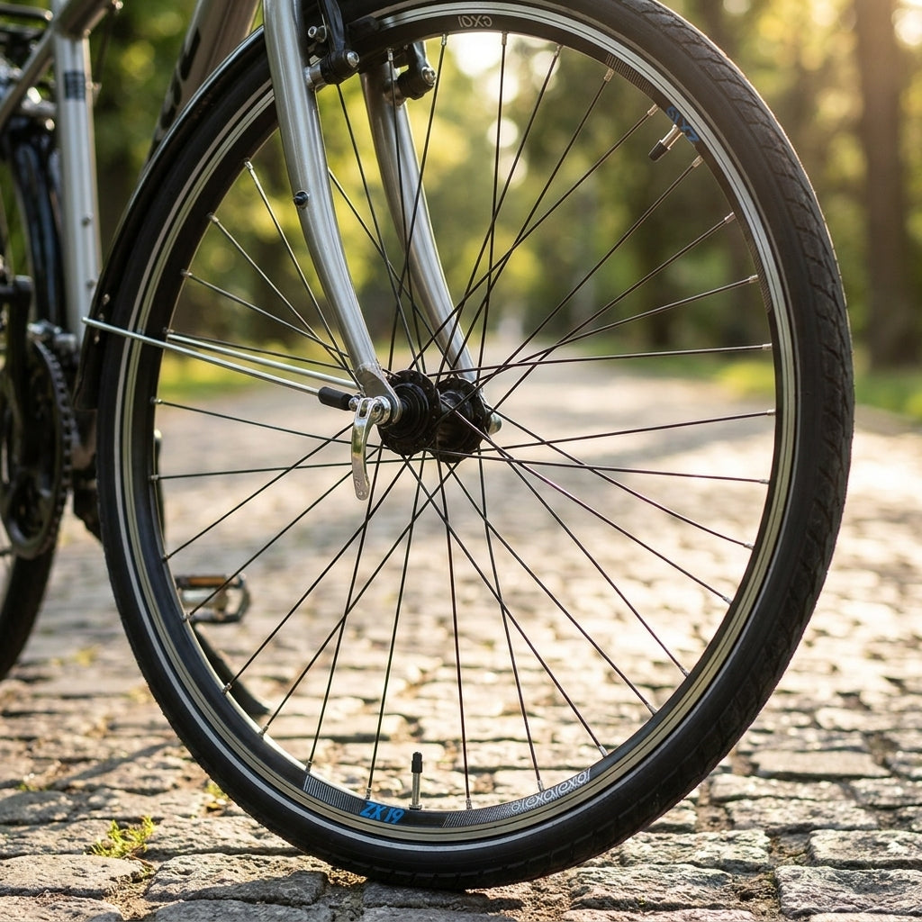 Exal VR ZX19 28 Laufrad, robustes Vorderrad für Felgenbremse, am Fahrrad auf Kopfsteinpflaster.