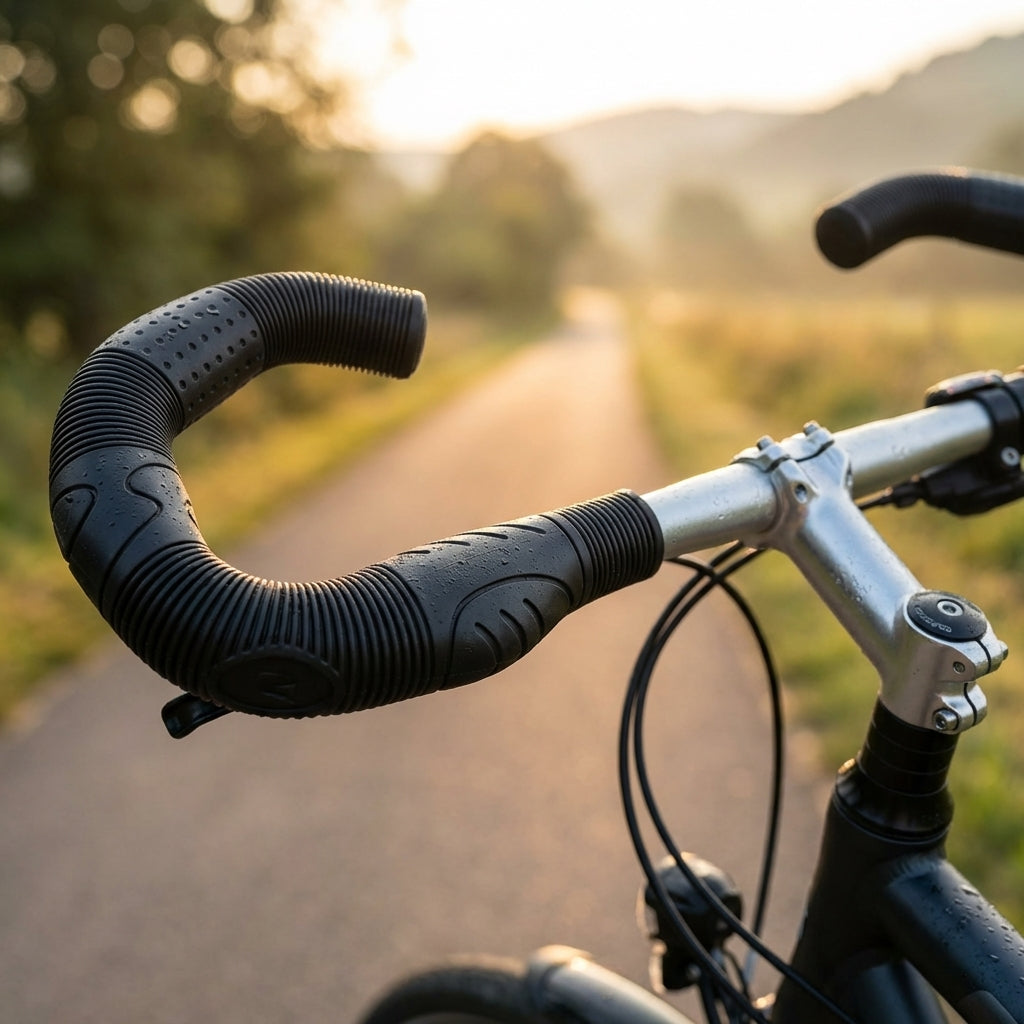Ergotec Lenkerbezug Ergo Vario schwarz 410mm Kraton am Fahrradlenker mit Wassertropfen.