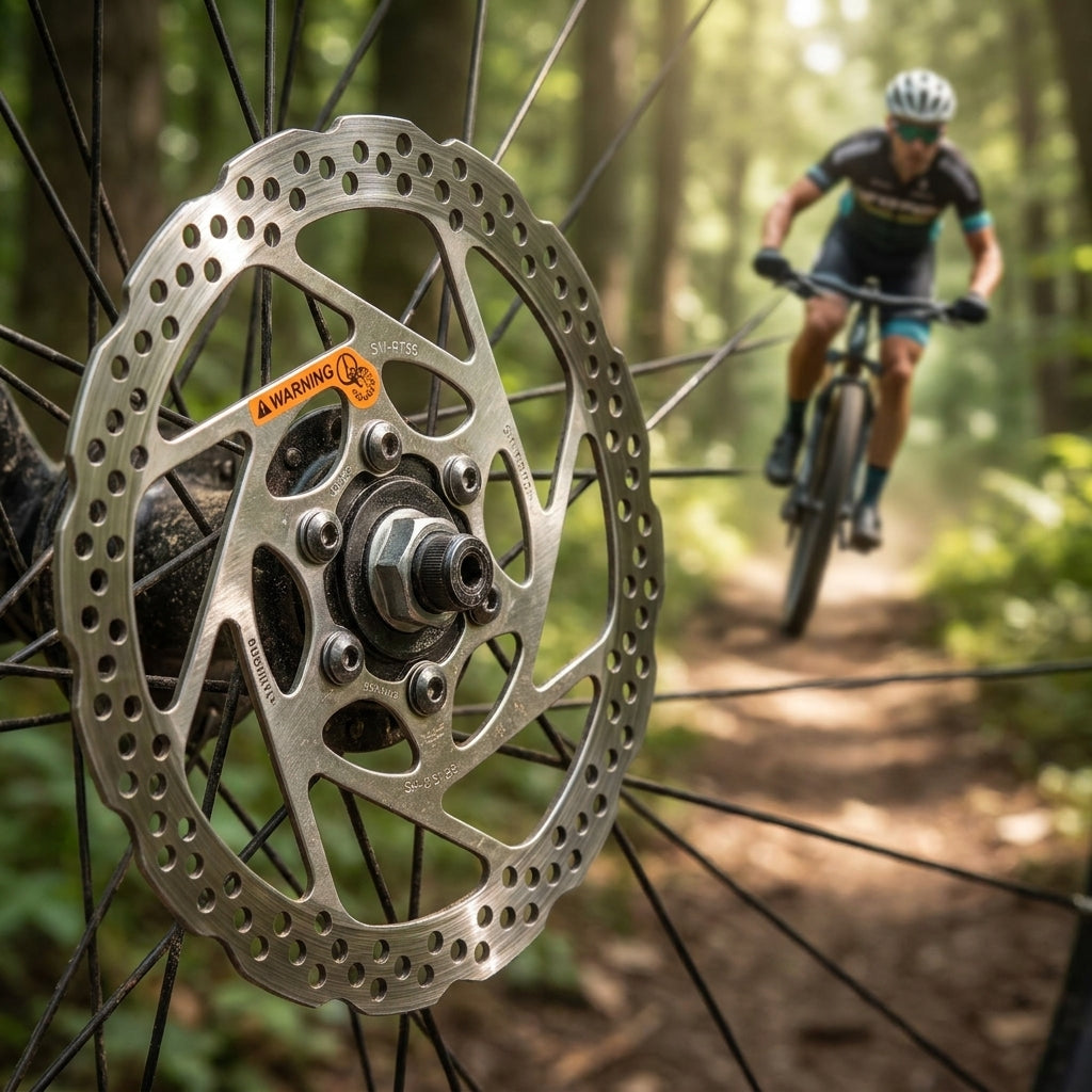 SHIMANO Bremsscheibe SM-RT56 160mm 6L an Mountainbike, Biker fährt auf Waldweg im Hintergrund.