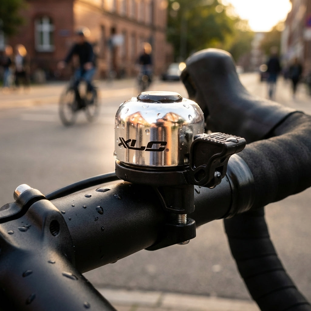 Silberne XLC Miniklingel DD-M01 mit Wassertropfen auf schwarzem Fahrradlenker in der Stadt.