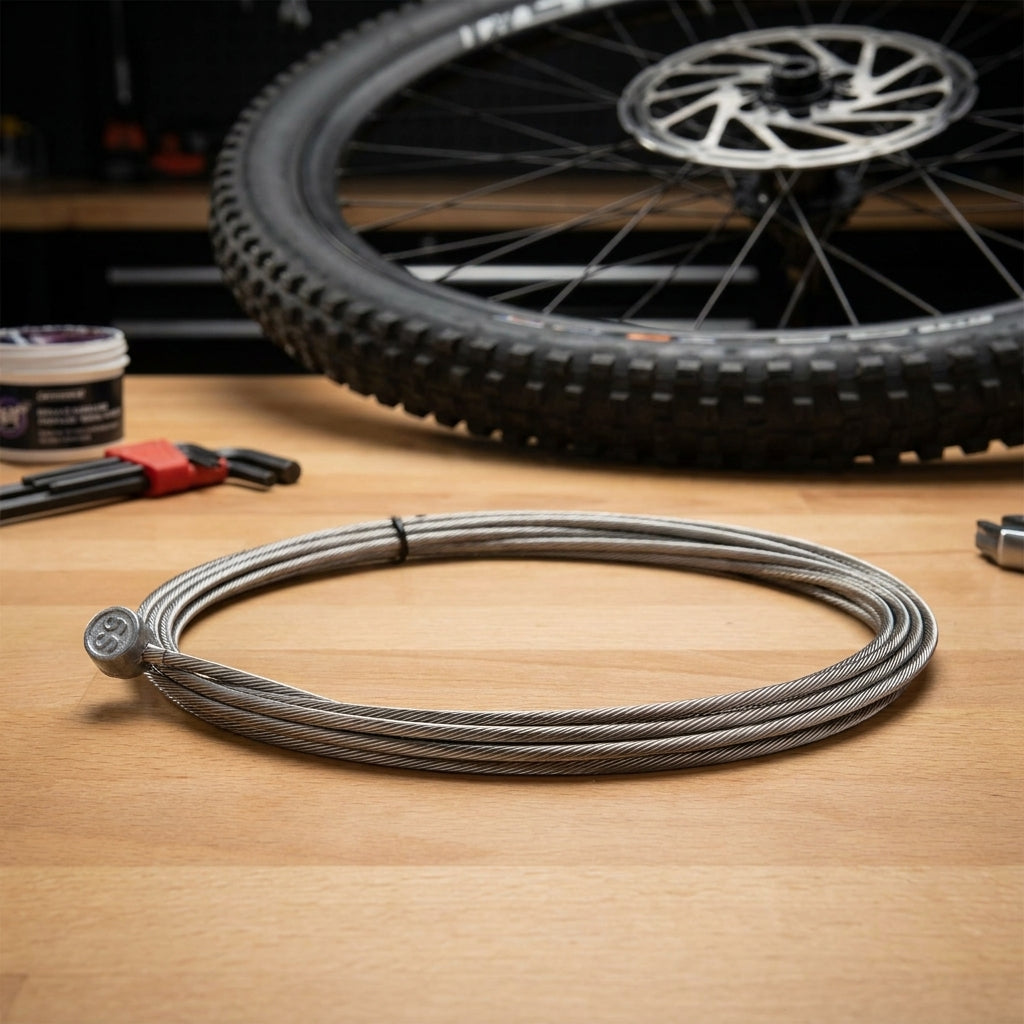 Hochwertige SRAM MTB Bremszüge 2000 mm rostfrei für präzise Bremsleistung, auf Werkbank mit Fahrradrad.