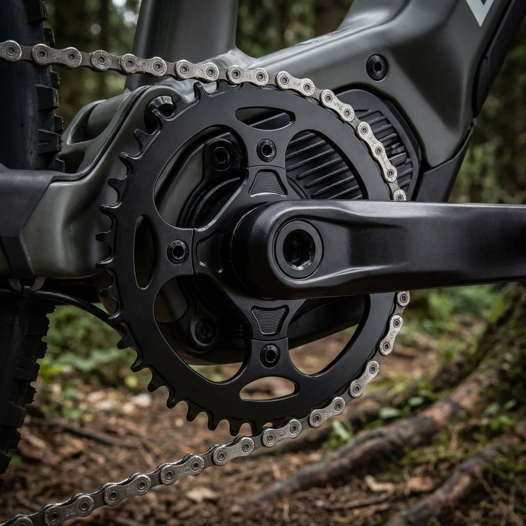 Schwarzes E-Bike Kettenblatt 46 Zähne Narrow-Wide für Bosch Brose Shimano am Fahrrad mit Kette.