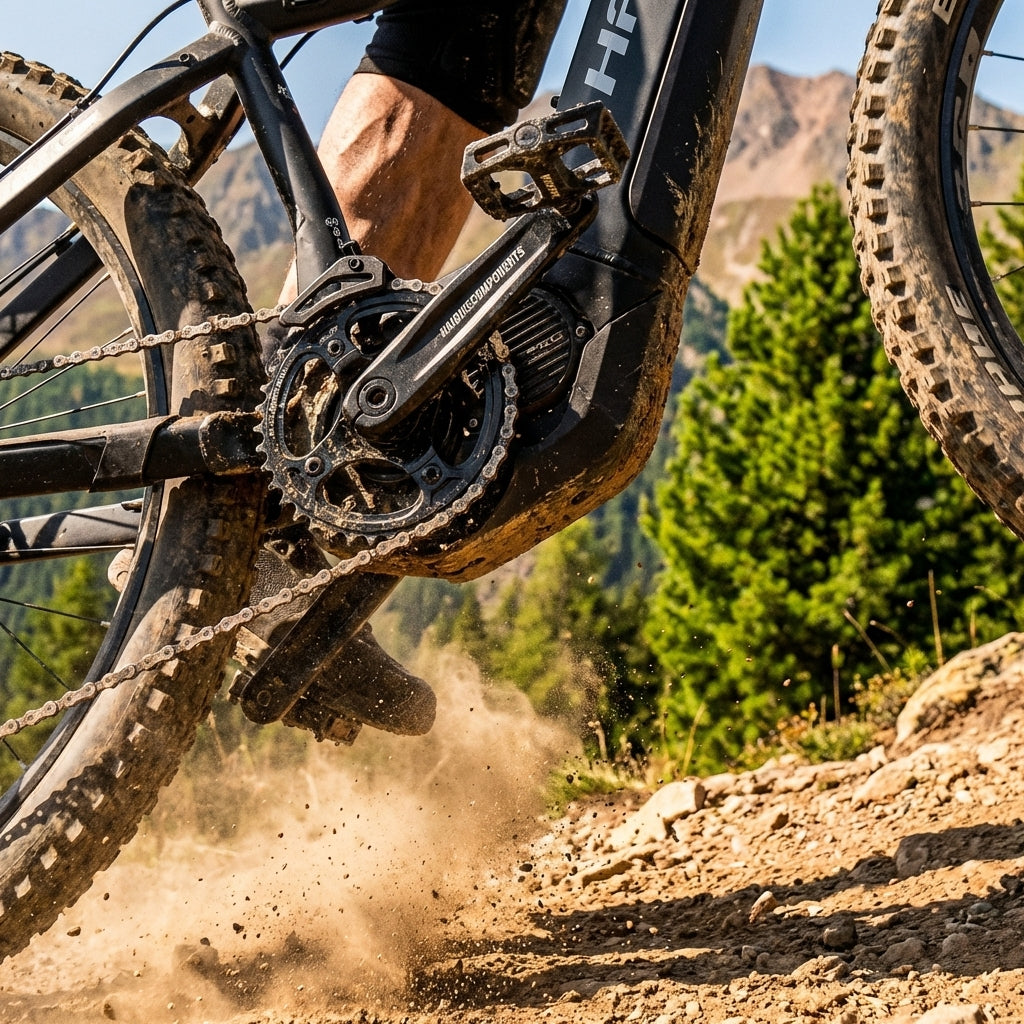 Kettenführung HAIBIKE SDURO CNC/Kunststoff am E-Mountainbike in Aktion, staubige Offroad-Fahrt.