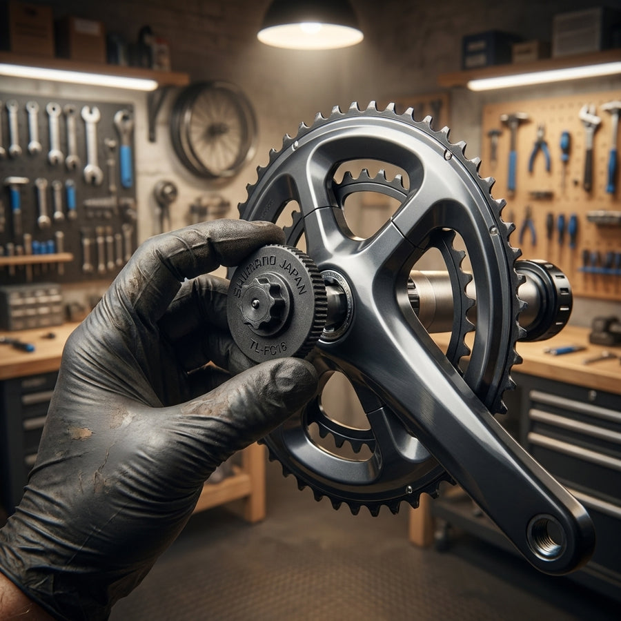 SHIMANO TL-FC16 Kurbelarmwerkzeug bei der Montage an einer Shimano-Kurbel in einer Fahrradwerkstatt.
