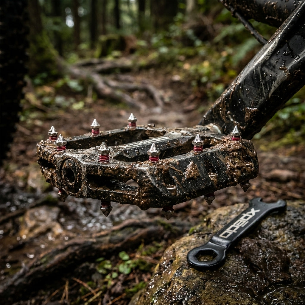 Xpedo Pinset Spike-Type Gewinde 4,5mm Höhe 5mm auf schlammigem Fahrradpedal im Wald. Xpedo Werkzeug.