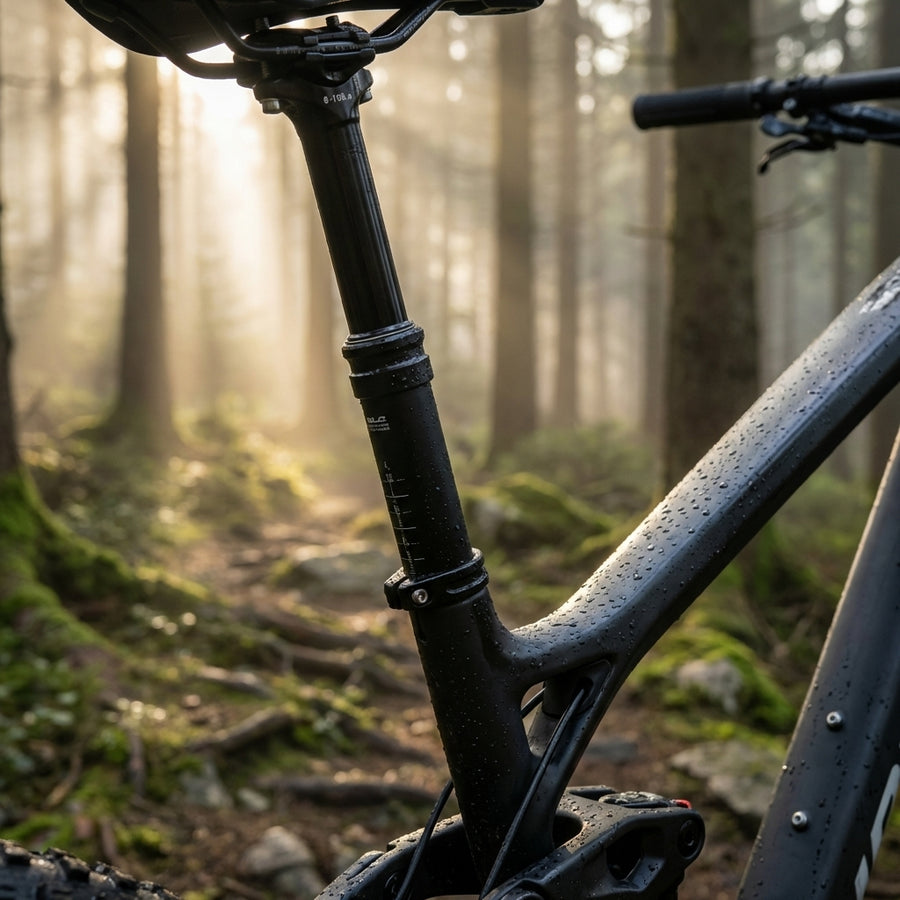 XLC Suspension Dropper SP-S14 Ø27,2mm 100mm Hub Sattelstütze an einem Mountainbike im nebligen Wald.