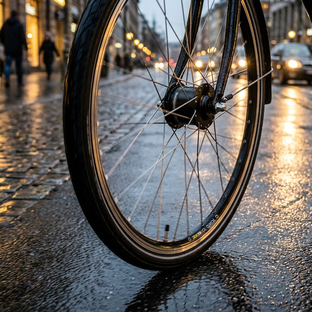 Vorderrad 28 Zoll mit Nabendynamo DH-C3003 schwarz, Exal ZX 19 Felge schwarz silber, Nirosta-Speichen auf nasser Straße.