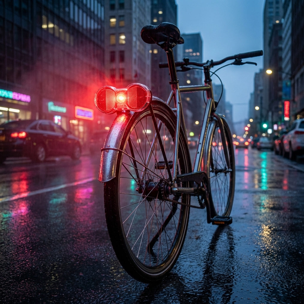 Busch&Müller Toplight Flat Rücklicht am Fahrrad auf regennasser Stadtstraße, leuchtet hell. STVZO.