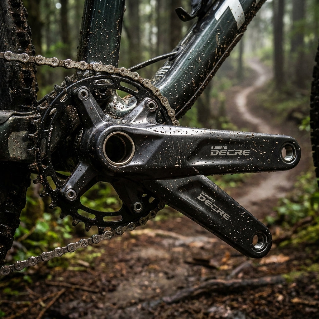 Schlammige SHIMANO DEORE FC-M5100 Kurbelgarnitur (32 Zähne) am Mountainbike auf Waldweg.