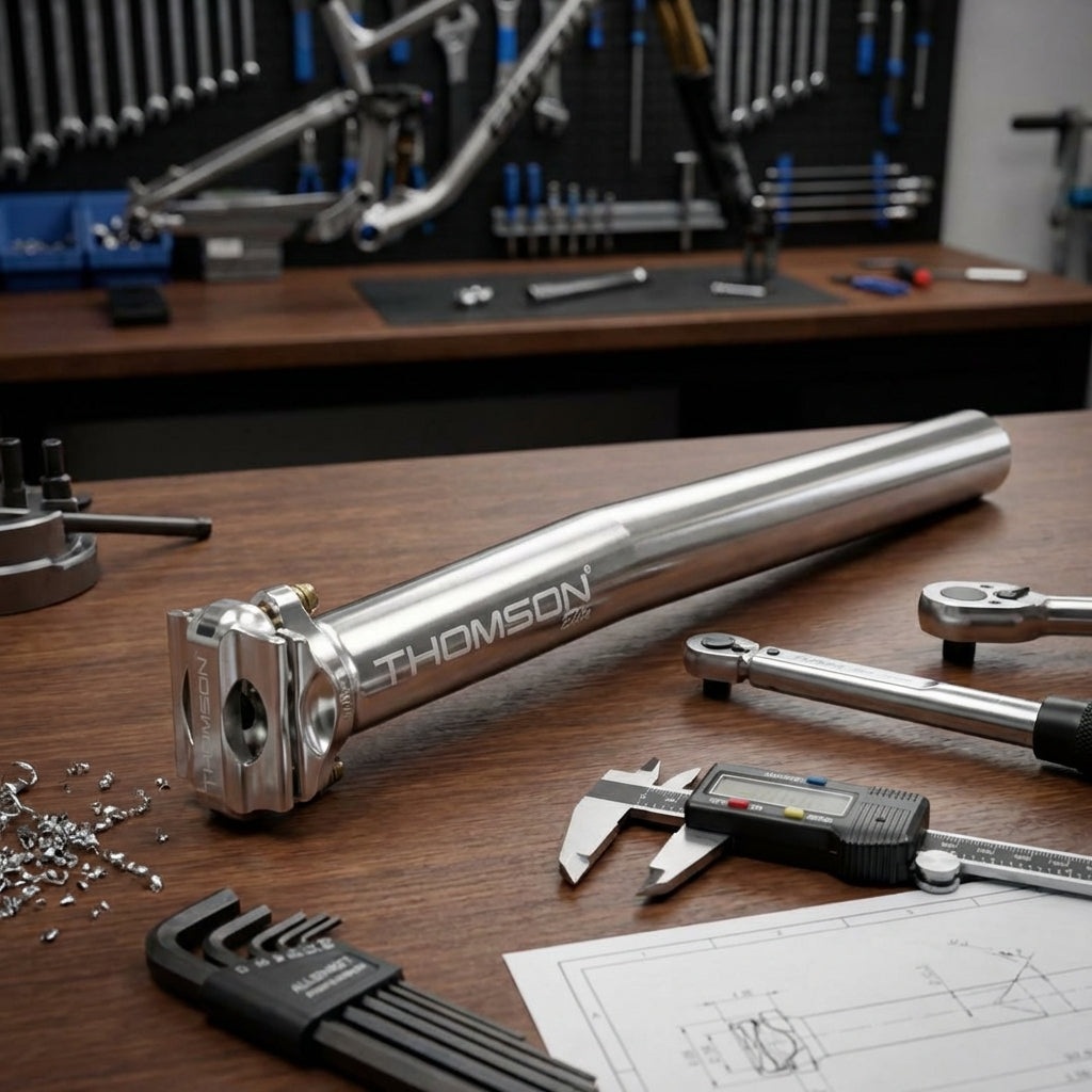 Thomson Patentsattelstütze Elite Ø27,2mm 330mm silber 16mm Versatz auf Werkbank mit Werkzeugen und technischer Zeichnung.