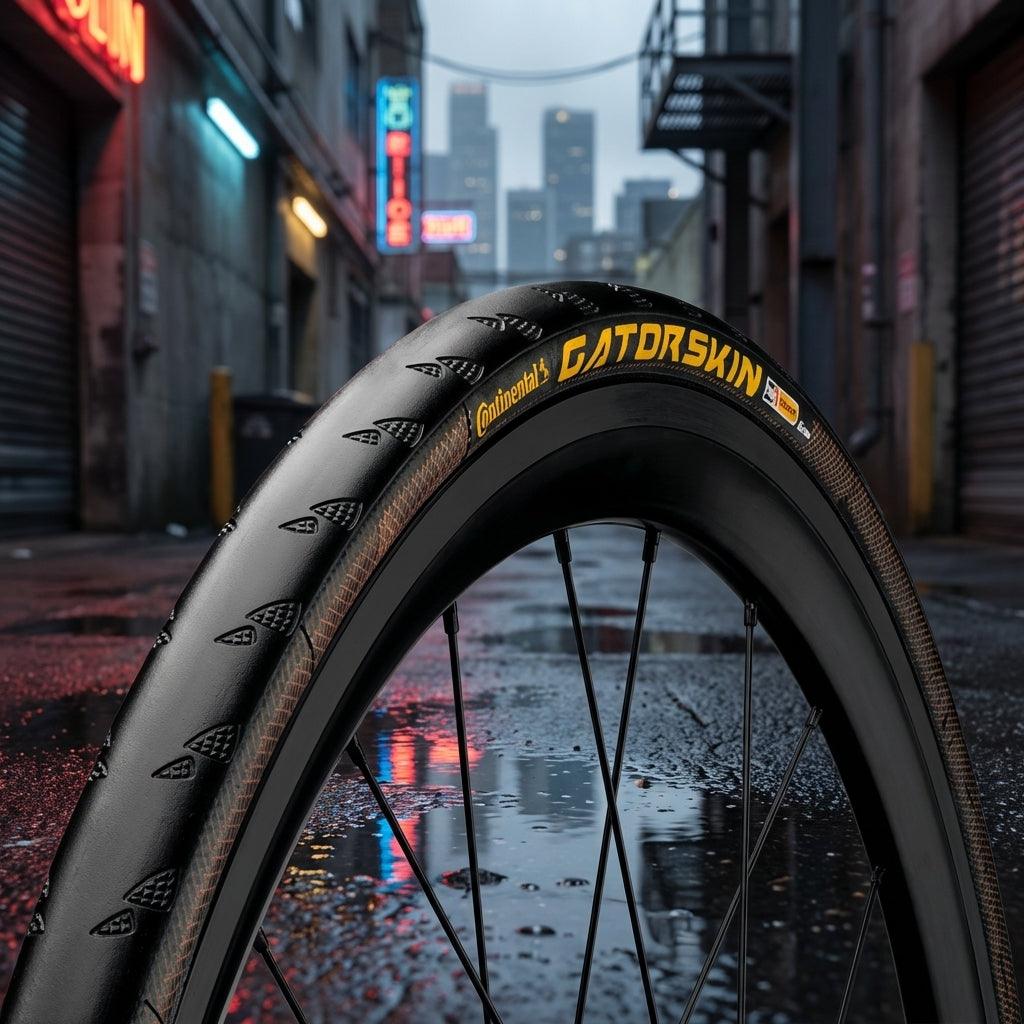 Continental Gatorskin Fahrradreifen 26x1.10 Zoll 28-559 schwarz Drahtreifen Nahaufnahme in urbaner Umgebung.