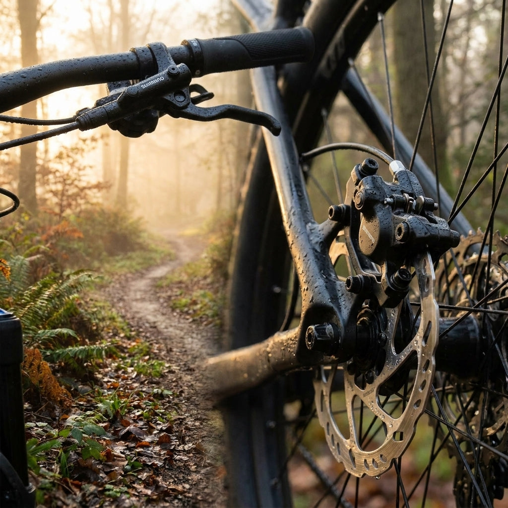 SHIMANO Scheibenbremse MT200 HR Rechts am nassen Mountainbike auf nebligem Waldweg.