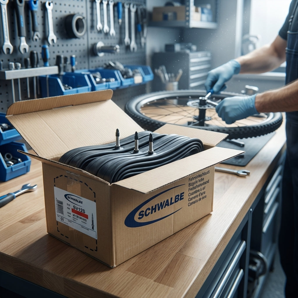 Schwalbe SV12S Fahrradschläuche Werkstattpackung auf Werkbank in Fahrradwerkstatt, Mechaniker repariert Rad.