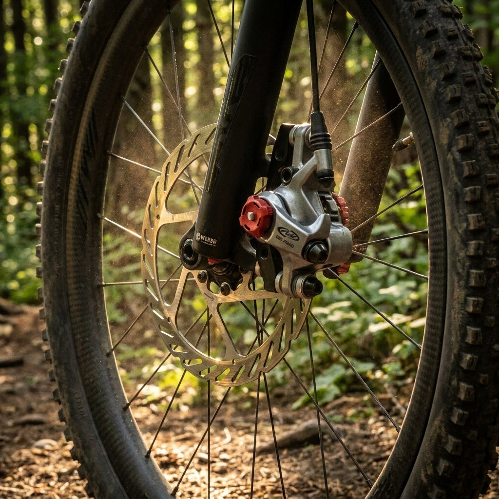 Avid BB7 MTB mechanische Scheibenbremse graphitgrau mit 160mm Scheibe am Fahrrad-Vorderrad.